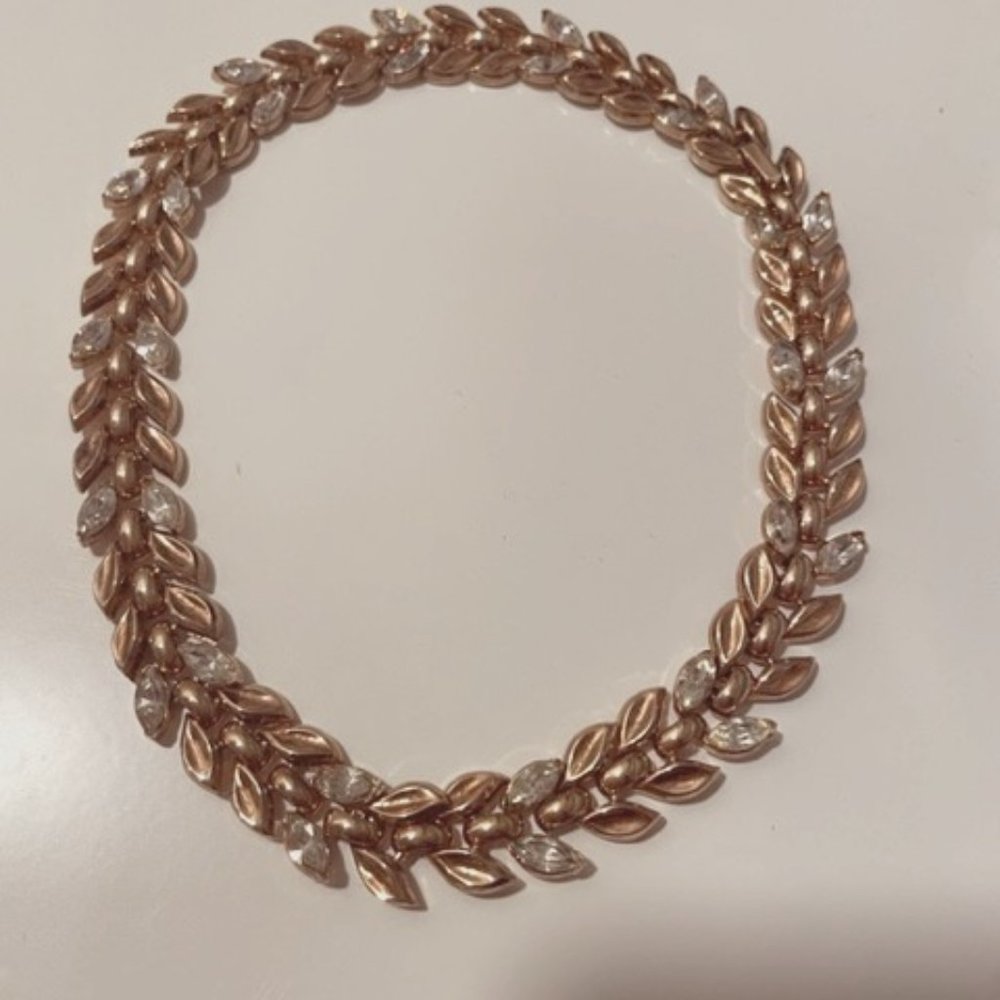 Stamped Trifari Crown Necklace - Gold and Glass "Diamond"
